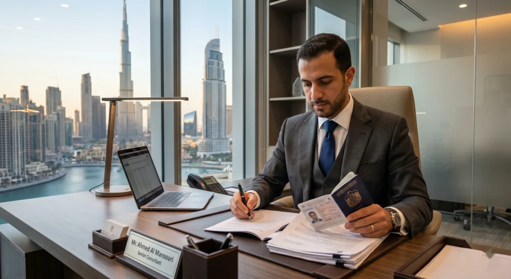 UAE resident finalizing paperwork for a Hong Kong business entry permit