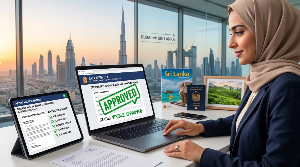 A Dubai professional approving a Sri Lanka visa online 