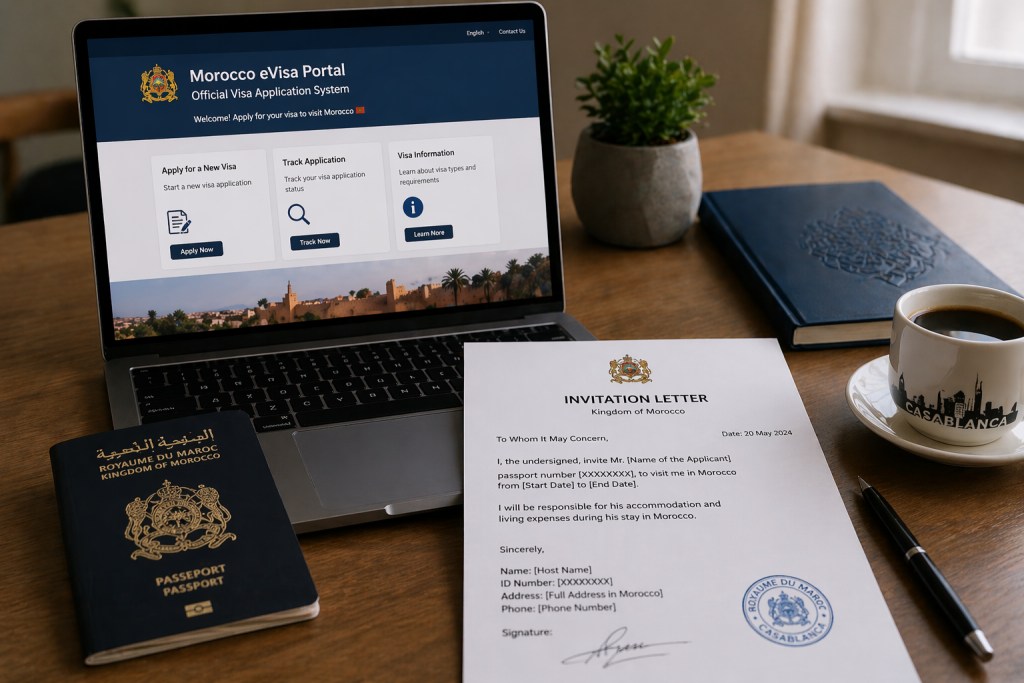 A professional desk with a passport, a laptop showing a visa portal, and a Moroccan invitation letter.
