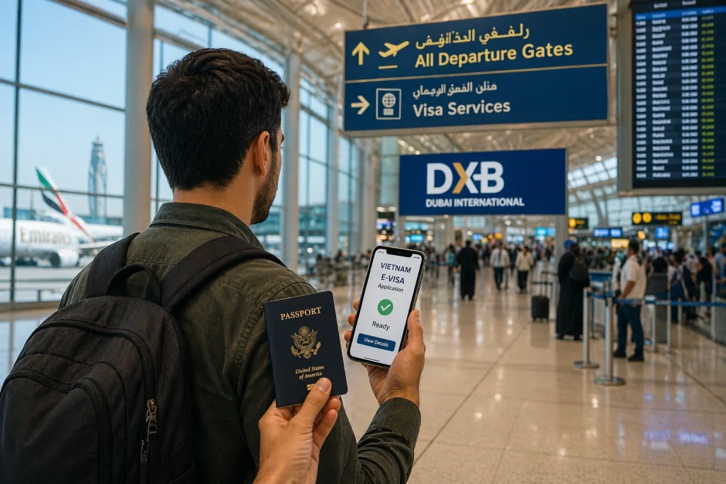  A traveler at Dubai airport with passport and phone ready