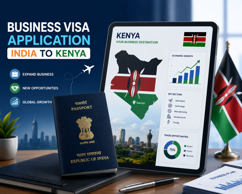 A professional setting preparing documents for a business visa application India to Kenya