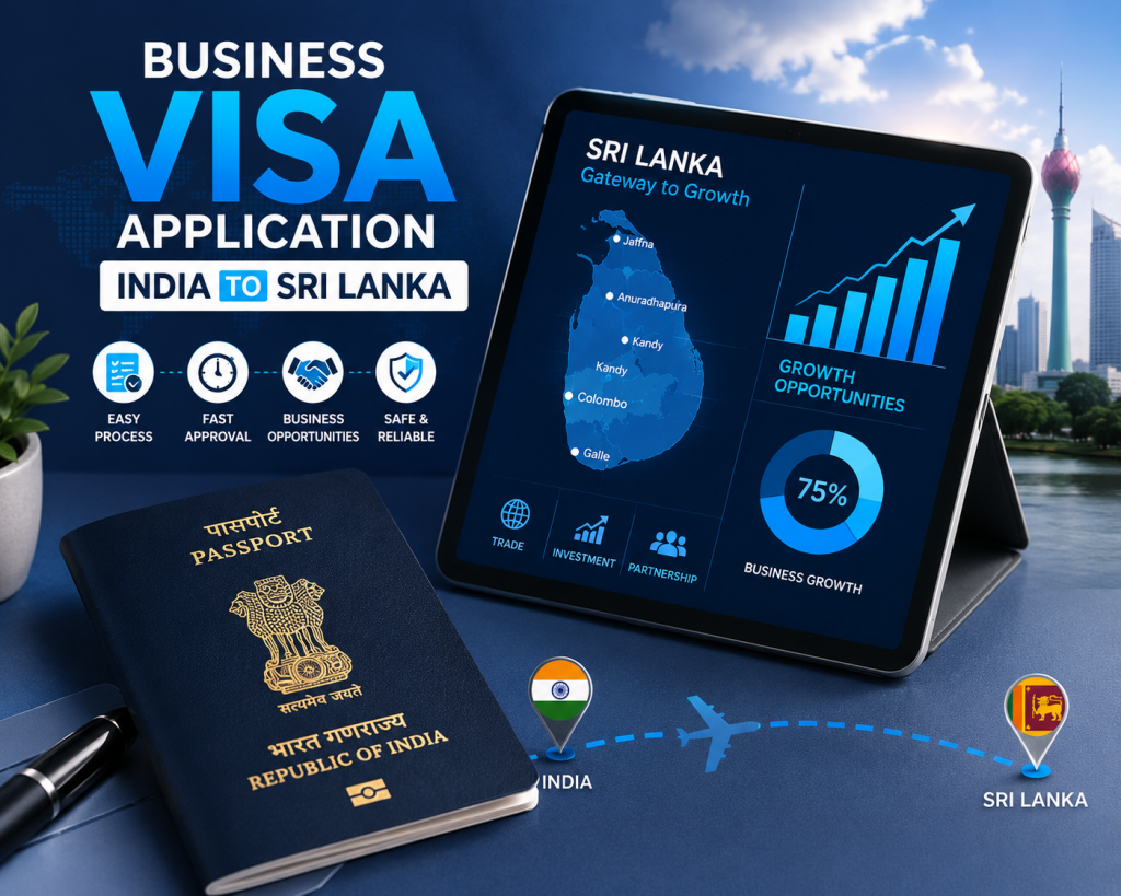 :A professional setting preparing documents for a Business Visa Application India to Sri Lanka