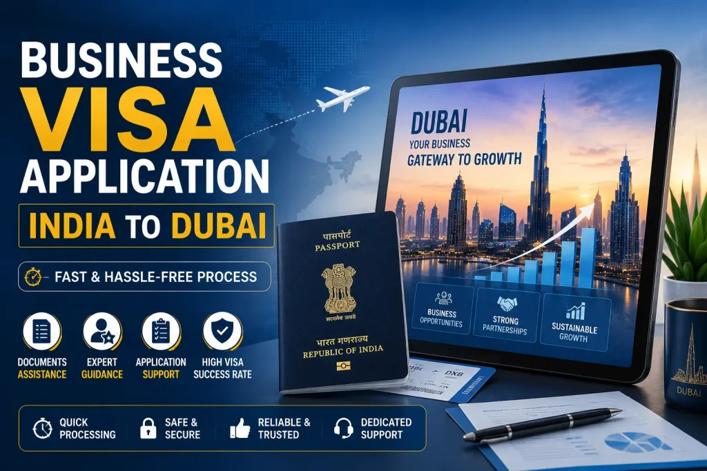 Visa Consultant in Dubai A professional setting preparing documents for a business visa application India to Dubai
