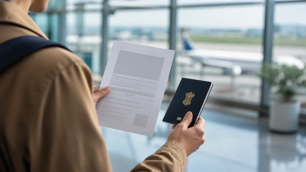 A traveler holding a printed e-visa and an Indian passport at an airport